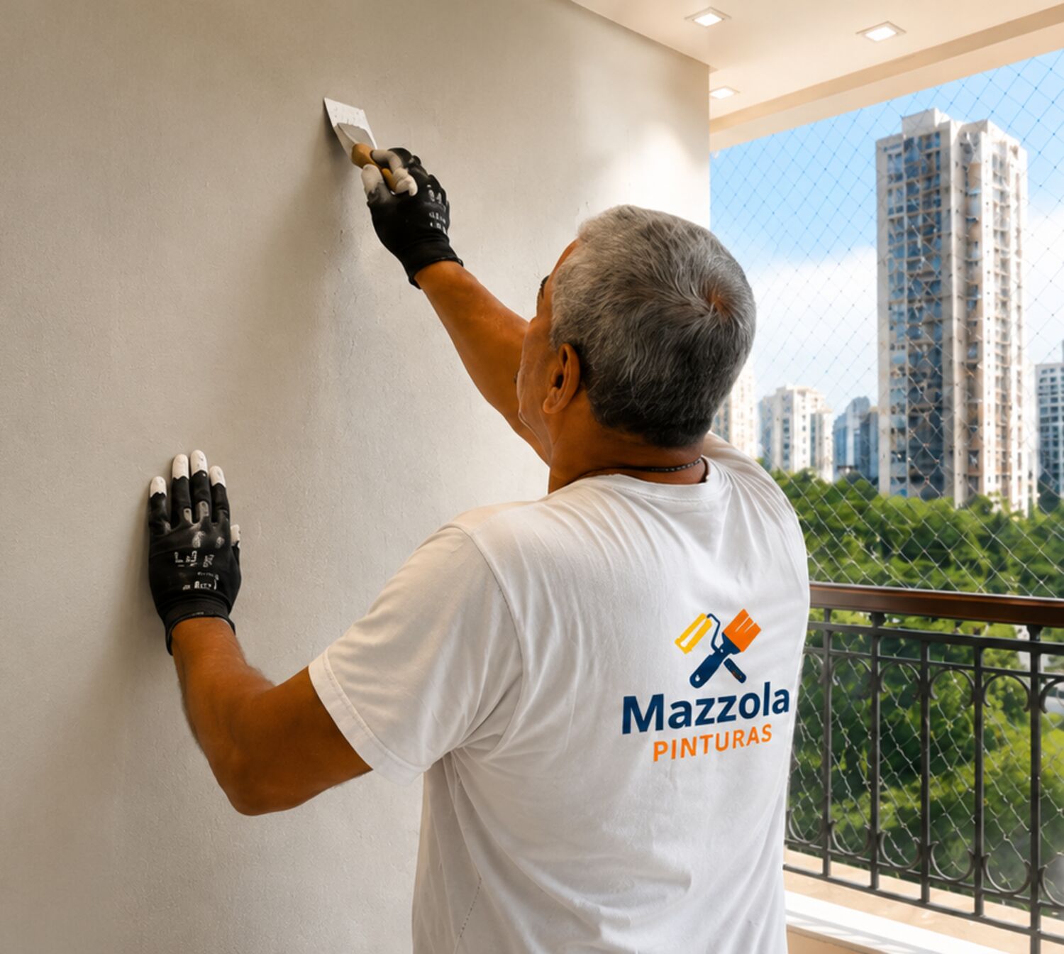 Pintor da Mazzola Pinturas aplicando massa em parede de apartamento em São Paulo